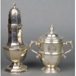 A silver 2 handled trophy cup and lid with presentation inscription London 1956 6" and an