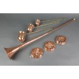 A reproduction copper and brass coaching horn, 3 copper and brass measures marked Whisky, Rum and