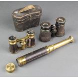 A 19th Century brass 3 drawer pocket telescope, a pair of gilt metal and mother of pearl effect