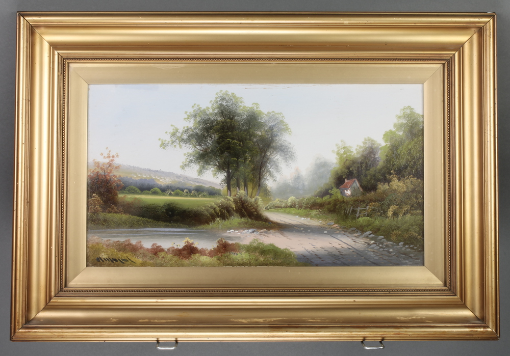 Early 20th Century oil paintings, indistinctly signed, rural scenes, 7 1/2" x 17 1/2" - Image 5 of 6