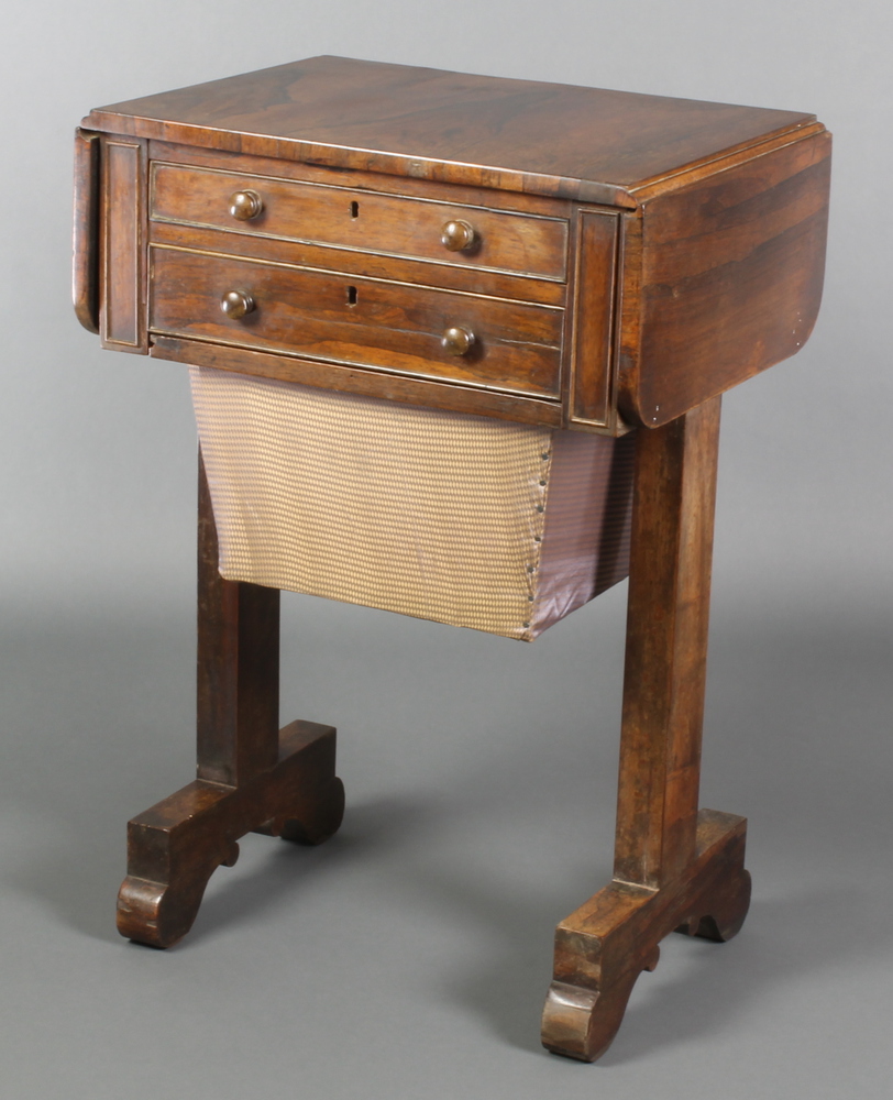 A Victorian rosewood drop flap work table fitted 2 long drawers above a basket, raised on trestle