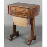 A Victorian rosewood drop flap work table fitted 2 long drawers above a basket, raised on trestle