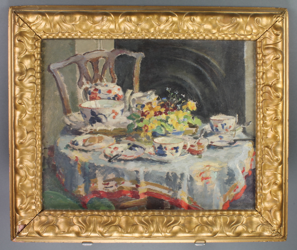 J Mason '46, oil on canvas, signed, a still life study of a table laid for tea 16 1/2" x 19 1/2" - Image 2 of 2