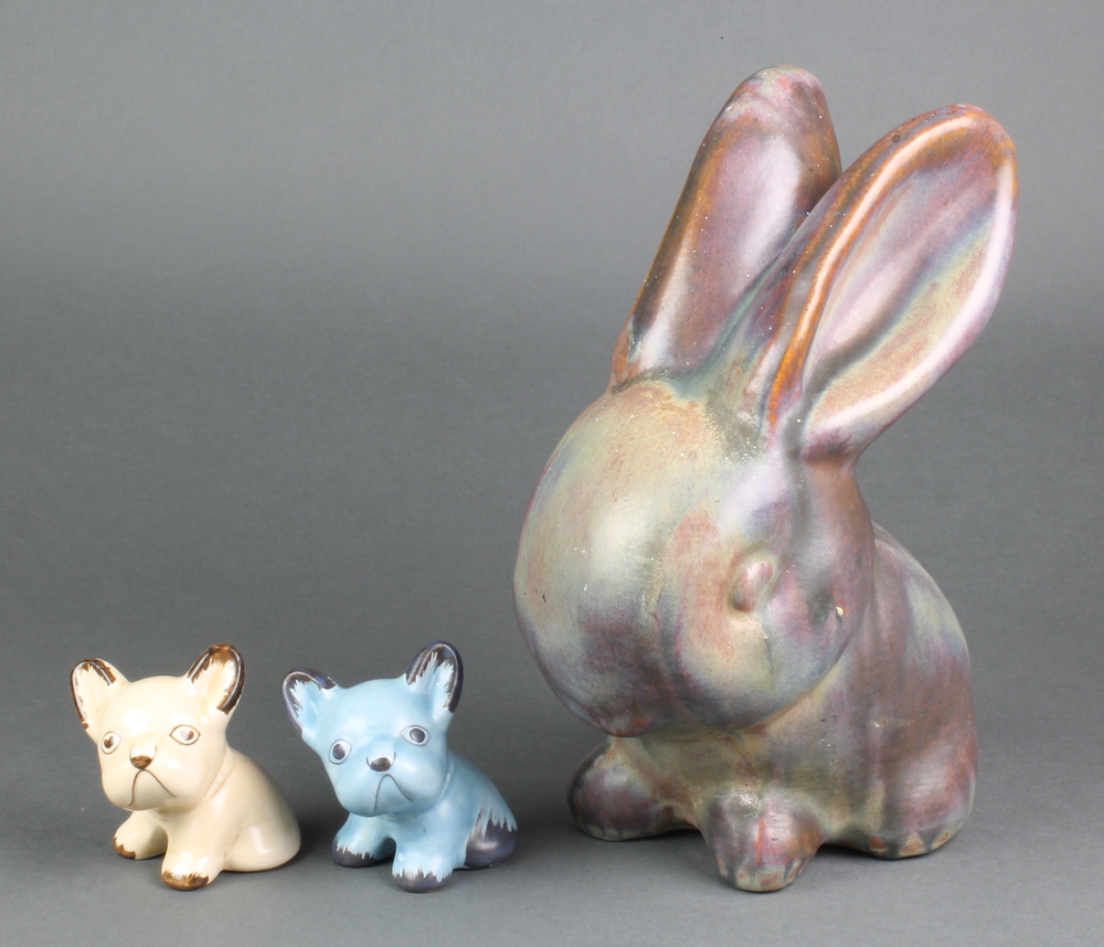 A Denby Ware Bourne slip glazed figure of a seated bunny 11", 2 Art Deco figures of dogs 3"
