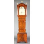 An 18th Century Isle of Wight striking longcase clock, the 12" arch shaped dial painted a scene of a