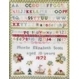 A 19th Century sampler with alphabets and figures by Phoebe Elizabeth Scott, Aged 10 years, 1872