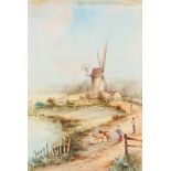 20th Century watercolour, figures and cattle before a windmill 10" x 7"