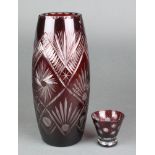 A ruby flash glass vase 10", a tapered ditto 2 1/2"