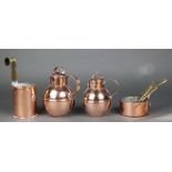 A copper and brass pint milk measure, 5 graduated copper and brass saucepans 4", 3 1/2", 3", 2 1/