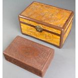 A carved camphor box with hinged lid decorated figures 6" x 12"w x 8"d and a carved Indian wooden