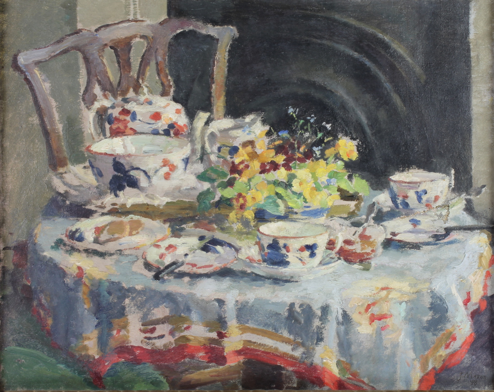 J Mason '46, oil on canvas, signed, a still life study of a table laid for tea 16 1/2" x 19 1/2"