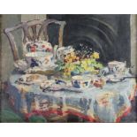 J Mason '46, oil on canvas, signed, a still life study of a table laid for tea 16 1/2" x 19 1/2"