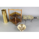 A Victorian pierced brass and iron trivet, a 1938 25lbs shell case, an Art Deco glass and oval 2