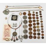 A collection of costume jewellery and coins