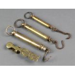 A brass sovereign balance, a Salter's spring balance 0-6lbs, 1 other Salter's spring balance 0-20lbs