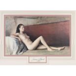 Prints, a pair, indistinctly signed, studies of reclining naked ladies, with shaped mounts 13" x 20"