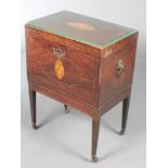 A rectangular inlaid Georgian mahogany cellarette/work box with hinged lid, the top inlaid a conch