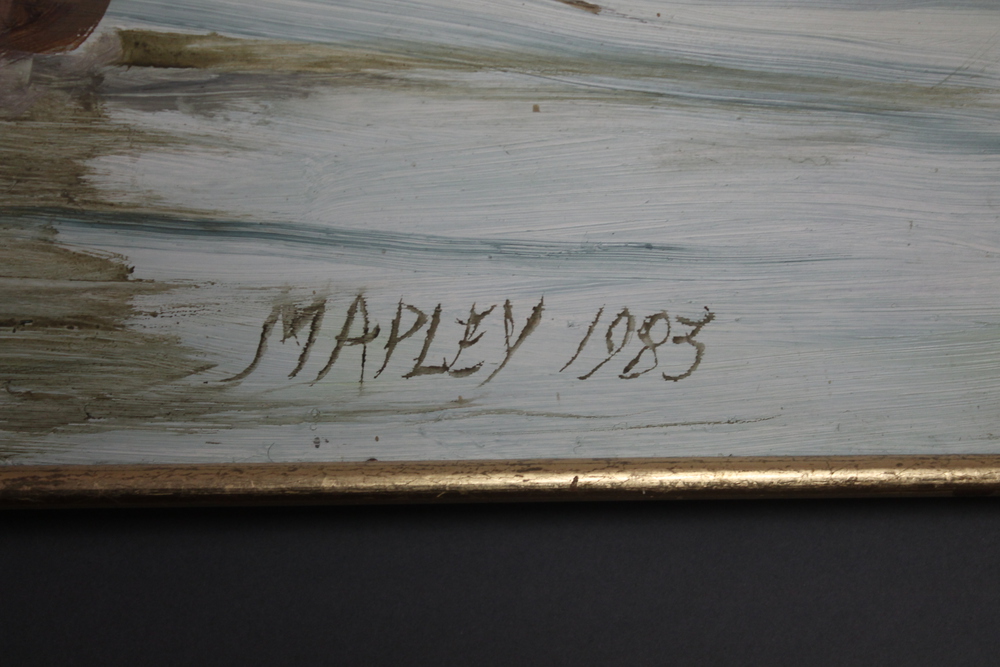 Mapley 1983, oil on board, signed and dated, Man of War and other vessels off a cliff coast 48" x 77 - Image 2 of 7
