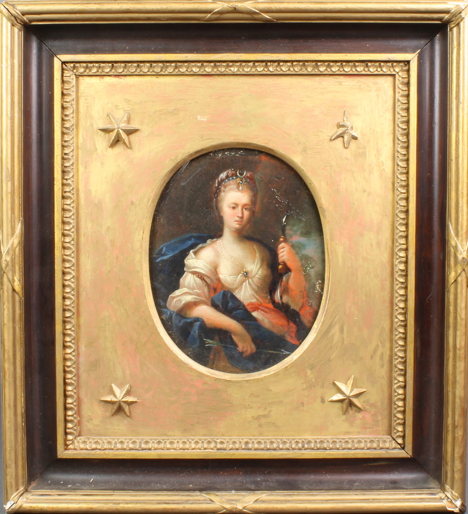 An 18th Century oil on panel, study of Diana, contained in a fancy gilt wood frame, oval, 7 1/2" x