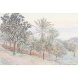 Beatrice Parsons, watercolour, Algiers, a study of an orchard with distant town and sea, signed