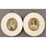 20th Century watercolours, portrait miniatures of ladies, a pair, in piano key oval frames 2 1/2"