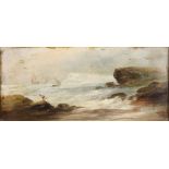 A Victorian oil on board, a rocky coastal scene with vessels, unsigned 6 1/2" x 14 1/2"