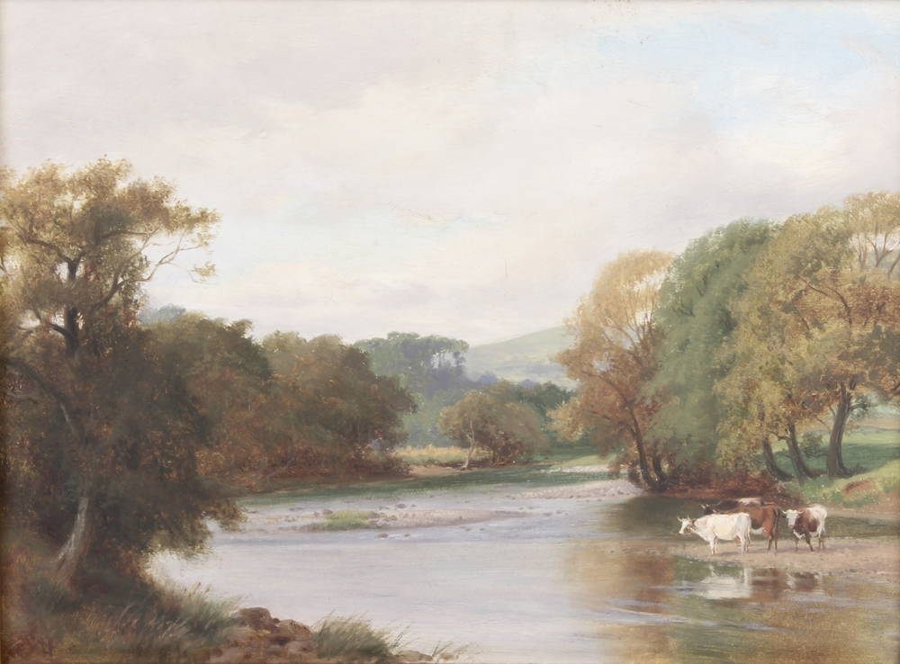 An Edwardian oil on canvas, a river study with cattle in distant hills 6 1/2" x 11 1/2"