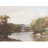 An Edwardian oil on canvas, a river study with cattle in distant hills 6 1/2" x 11 1/2"