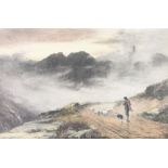 J MacWhirter, oil on board, "Evening Mists Isle of Skye", study of shepherd and flock on a misty