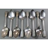 A set of 8 Victorian Irish silver fiddle pattern table spoons with engraved monogram, Dublin 1895,