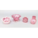 A cranberry glass bowl 4", a ditto with clear glass decoration 3", a baluster vase 5" and a lidded