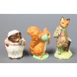 Three Beswick Beatrix Potter figures - Mrs Tiggy Winkle 3", squirrel nutkin 3 1/2" and Mr Todd 5"