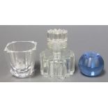 A blue glass spherical match striker 2 1/2", a Studio glass vases 3" and a scent bottle and