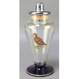 An Art Deco chrome mounted glass cocktail shaker decorated with a bird 12 1/2"