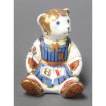 A Royal Crown Derby Japan pattern paperweight - Schoolgirl Teddy with gold stopper 3 1/2"