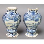 A pair of early 19th Century Delft hexagonal baluster vases decorated with figures in landscapes 7