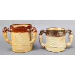 A Doulton Lambeth 3 handled loving cup/tyg decorated hunting and tavern scenes, the handles in the