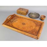 A circular bronze dish marked 3", an Art Nouveau oak inlaid twin handled tea tray 21" x 13" (