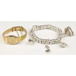 A Links of London charm bracelet and a gilt cased wristwatch