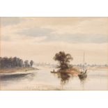 An Edwardian watercolour, unsigned, figures in boats in a river landscape with distant town 7 1/4" x