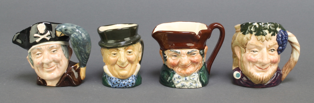 4 Royal Doulton character jugs - Old Charlie 2", Bacchus D6521 2 1/2", Long John Silver D512 2 1/