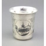 A Russian silver niello cup with panels of palaces 60 grams 2 1/2"