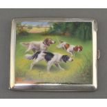 A white metal cigarette case stamped Alpaca, the enamelled front with 3 hunting dogs