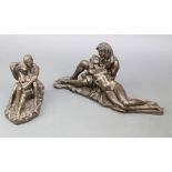 After R Cameron, a bronzed figure group of a reclining couple 7" x 14" and 1 other 5" x 6 1/2"