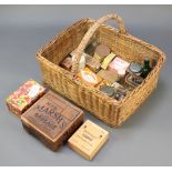 A rectangular butcher's basket 11"h x 27"w x 23"d containing a M&B Marsh's Famous Cambridge