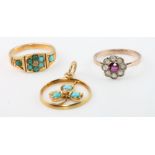 An 18ct yellow gold turquoise set ring, size L, a gem set cluster ring size L and a yellow gold