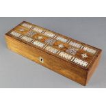 A Victorian rectangular inlaid rosewood card box, the top inlaid a cribbage board 2" x 11" x 4"