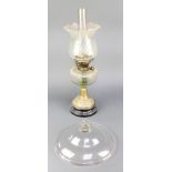 Hinks, a Victorian brass and glass oil lamp with clear glass shade and chimney together with a