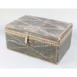 A 19th Century pine dispatch box with hinged lid covered in black studded fabric 8"h x 15"w x 10"