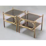 A pair of mid Century square, gilt metal and smoked plate glass lamp tables, 19"h x 19 1/2"w x 18"d